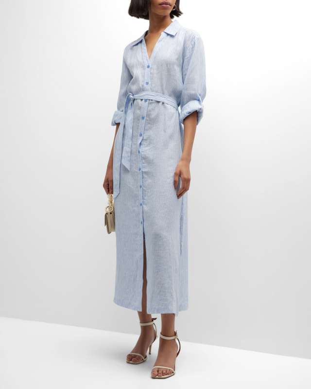 Tallulah Striped Linen Shirting Belted Midi Shirtdress